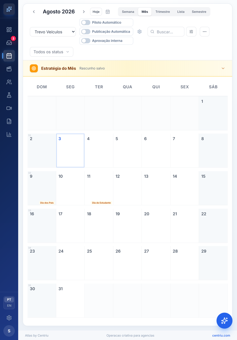 Calendário editorial real do Atlas, visão tablet