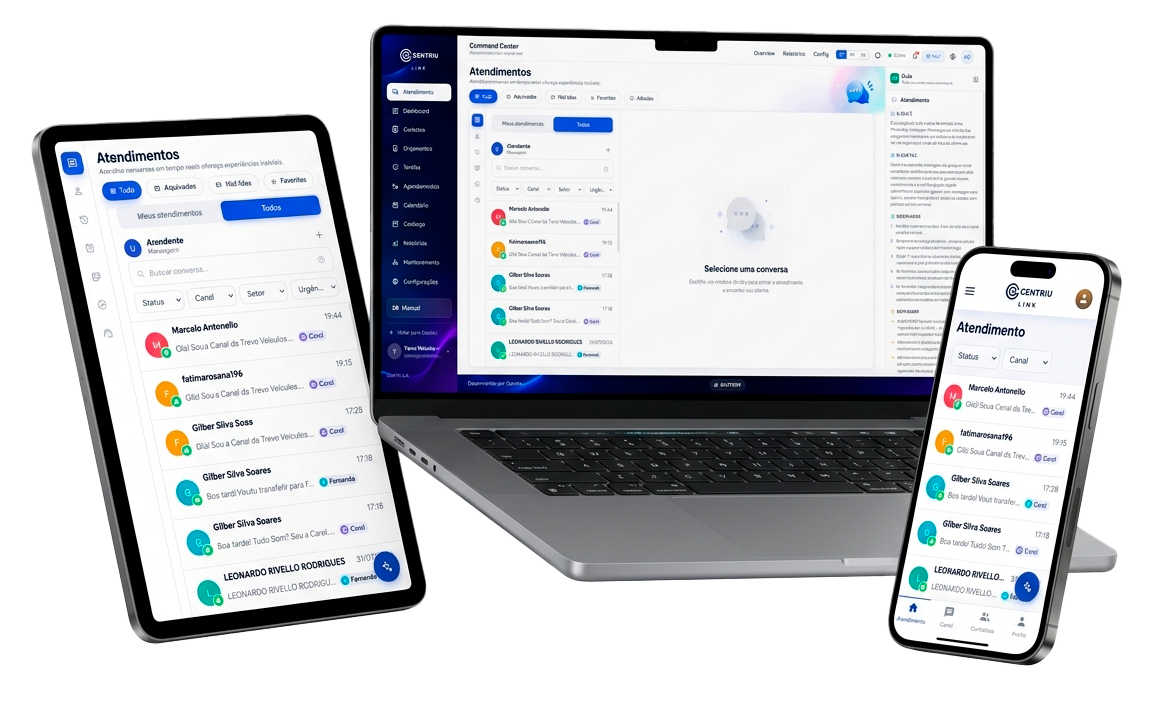 Centriu Link — caixa de entrada com WhatsApp, Instagram Direct, Messenger e o widget do site, mostrada em laptop, tablet e celular