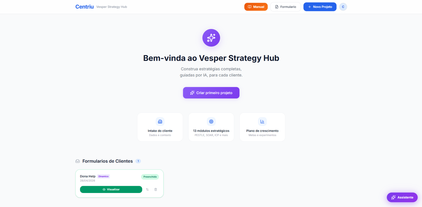 Centriu Vesper — hub de estrategia con frameworks de growth guiados por IA